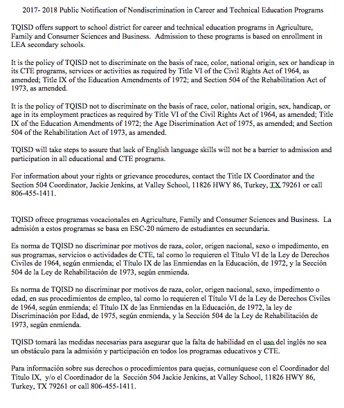Turkey Quitaque Isd Announcements